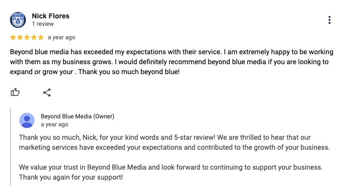 Screenshot 2025 04 02 at 1.58.25 PM / How to Respond to Online Reviews 3 / Beyond Blue Media a screenshot of a 5 star review for beyond blue media from a client
